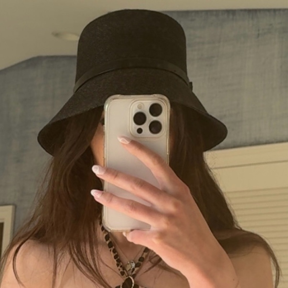 Rare Vintage Burberry Black Raffia Sun Hat with Check Lining.